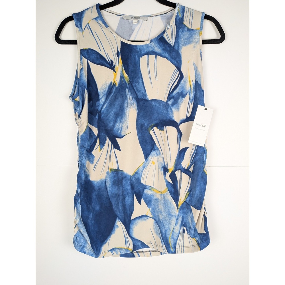 SYMPLI Sleeveless Print Top Slim Size 8 Yellow Blue White Abstract Print